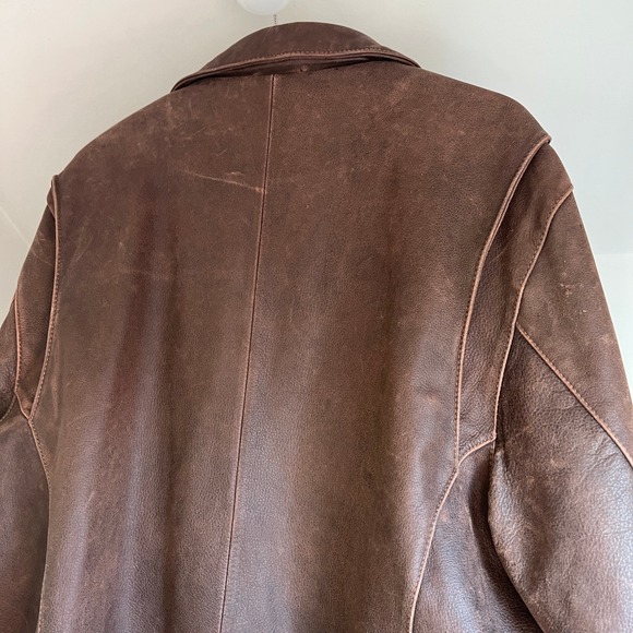 Vintage Leather Bomber Jacket Brown Faded Distressed Oversized Boxy Zip Coat - Picture 9 of 10